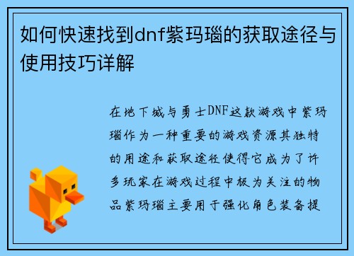 如何快速找到dnf紫玛瑙的获取途径与使用技巧详解